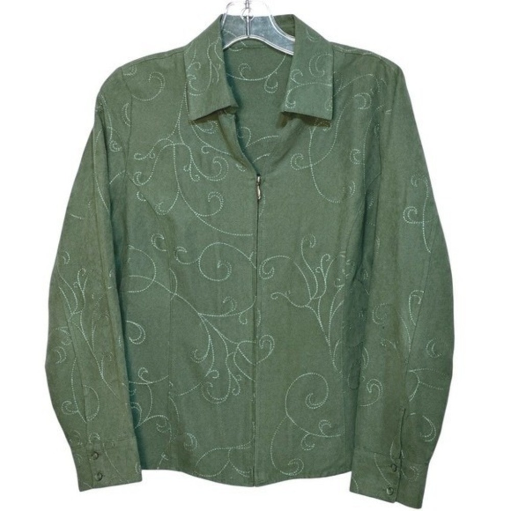 Blazer Green Botanical Embroidery Zip Up Collared‎ Lightweight Jacket Women M/L